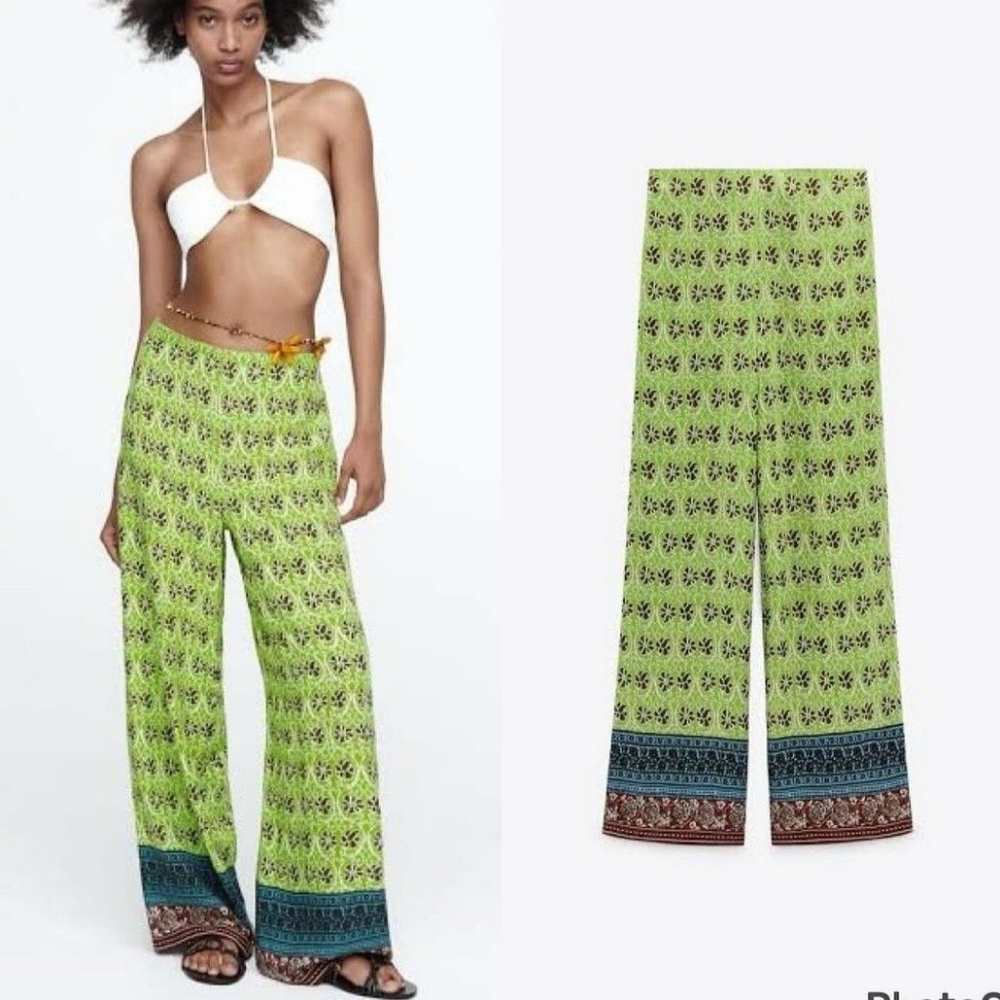 Zara Floral Boho Bohemian Hippie Summer Wide Leg Pants Trouser Women Size M